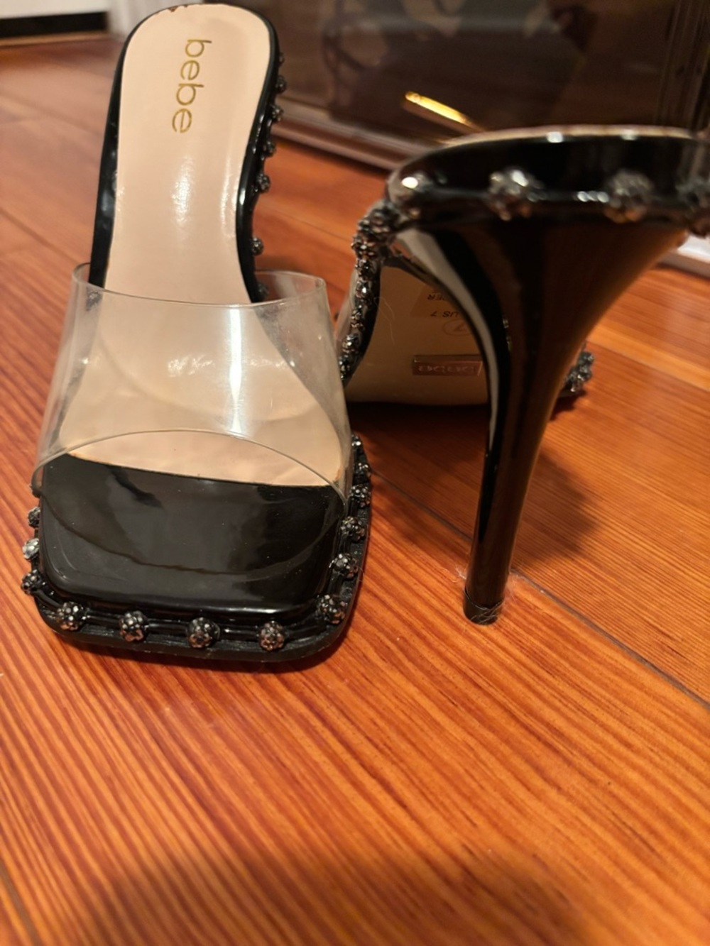 NWOB bebe Black Patent High Heel Sandals with Clear Vinyl Strap